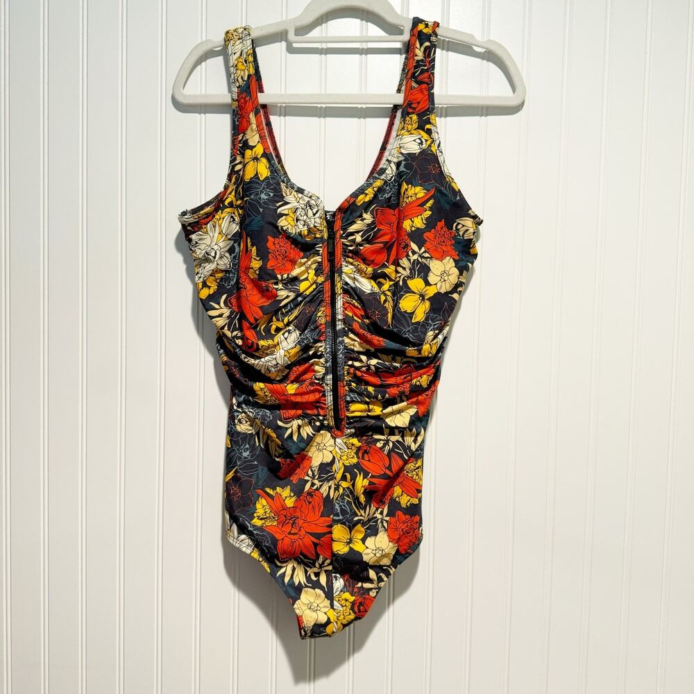Delimira Floral Zip Front One Piece Swimsuit Tummy Control Size 14W - Picture 2 of 8